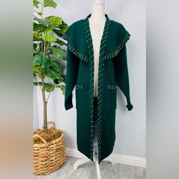 Vintage Young Knitting Mills Emerald Pine Green Open Long Knit Cape Duster - Picture 1 of 7